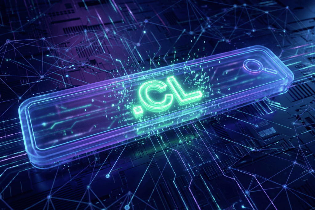 Emprendedor buscando disponibilidad de dominio .cl usando herramientas de inteligencia artificial y naming en una laptop.